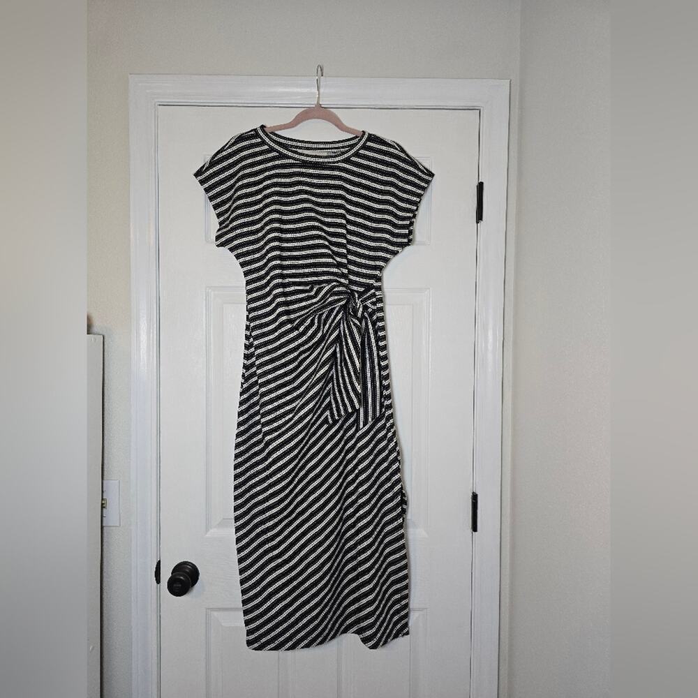 LOFT Black White Striped Tie Waist Midi Dress Short Sleeve Work Casual Women’s S